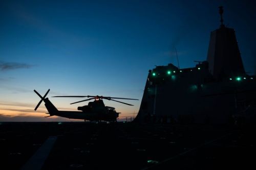 AH-1 Cobra from Marine Medium Tilitorotor Squadron (VMM) 161 on flight deck of San Antonio-class amphibious transport dock ship USS Anchorage (LPD 23)